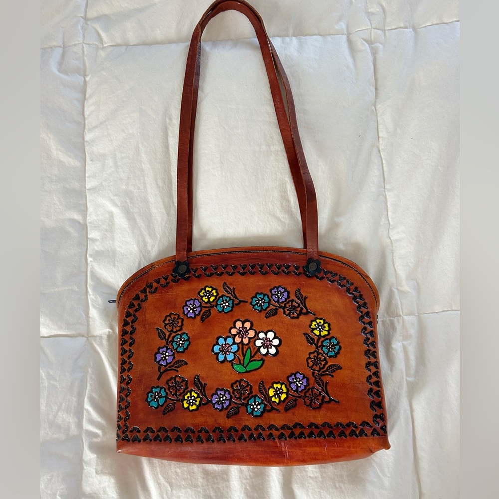 Tooled Leather Floral Painted Design Shoulder Bag Boho Hippie 11" x 9.5"